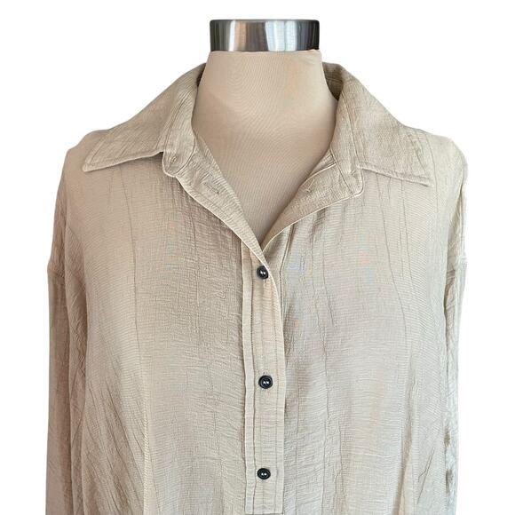 J. Roberts Tan Crinkle Popover Shirt Dress Sz Medium Minimalist Neutral Casual - Picture 6 of 11